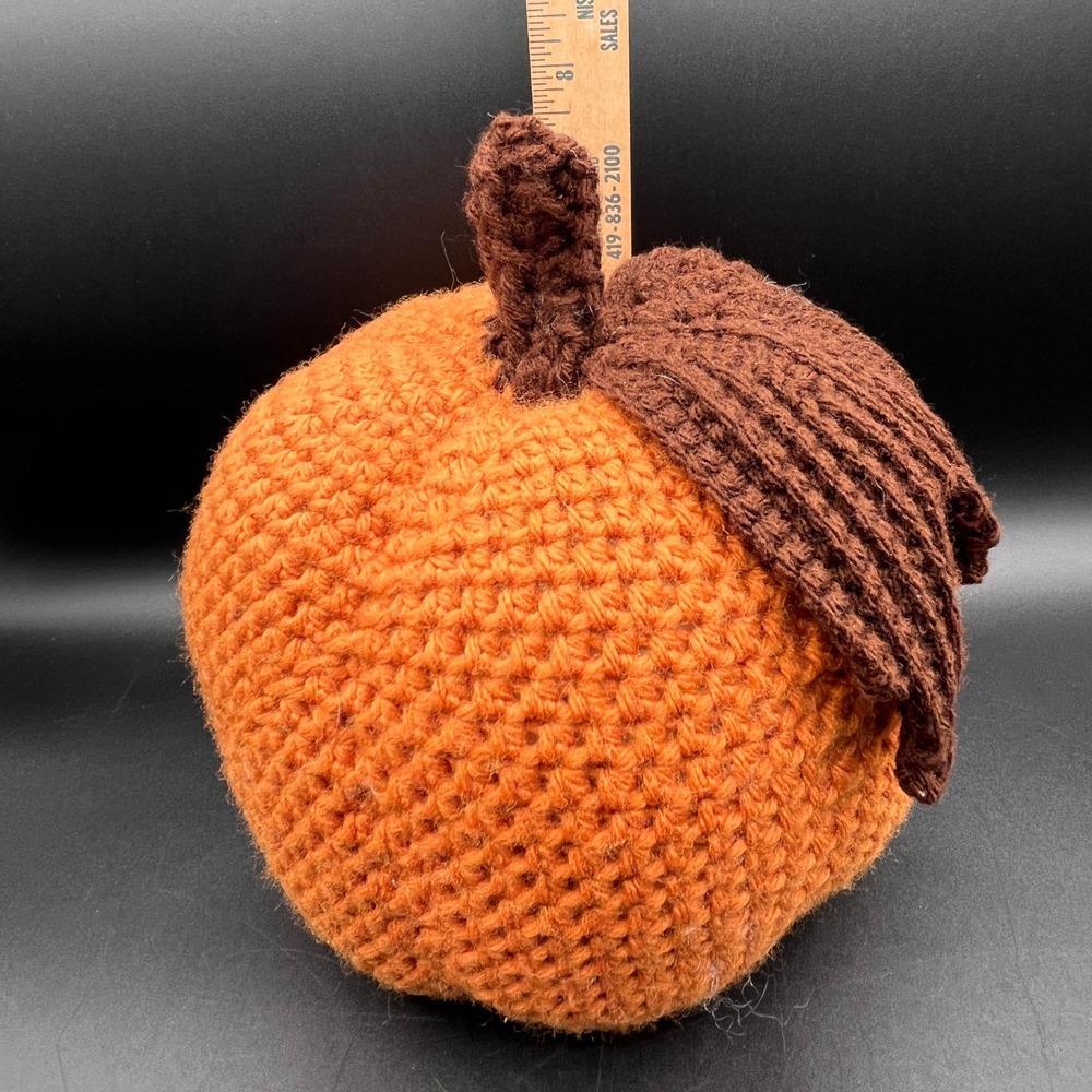 Handmade Crochet Pumpkin Orange Brown Fall Autumn Thanksgiving Decor 7"x 6" Vtg - Picture 7 of 7